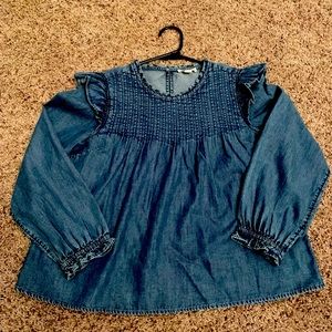 Crewcuts Denim Flare Top with ruffled and pin tuck details. Size 12, Like New